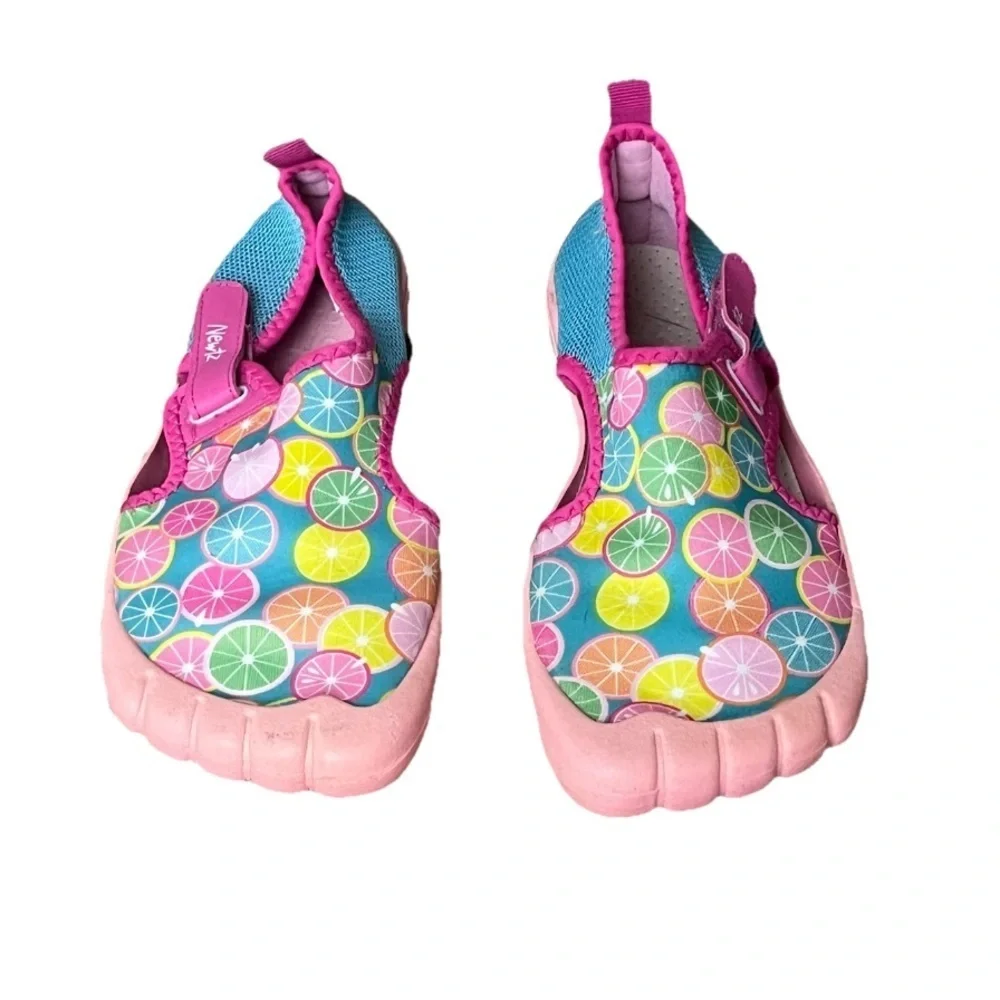 Newtz Girls Water Shoes Size 4/5 | Pink Fruit Print Beach Swim Slip-On Flats